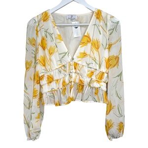 Ferne Boutique White and Yellow Floral Cropped Ruffle Women's Blouse NWT Small